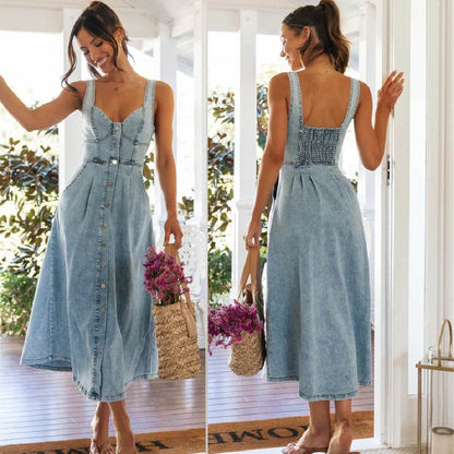 Women's sleeveless Denim Buckle Strap Midi maxi Dress