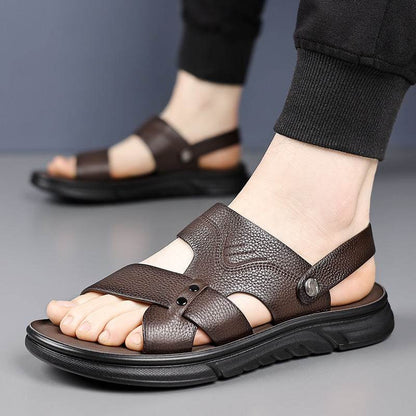 Men’s Breathable Genuine Leather Beach Shoes – Soft Sole Casual Loafers for Middle-Aged & Seniors