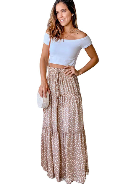 Casual Spring Summer Elastic Waist Pleated Mid Waist printed Maxi Skirt