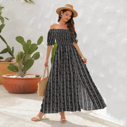 Robe longue élégante à épaules dénudées pour le printemps et l'été, en mousseline fendue, idéale pour les vacances à la plage et les séjours en station balnéaire.