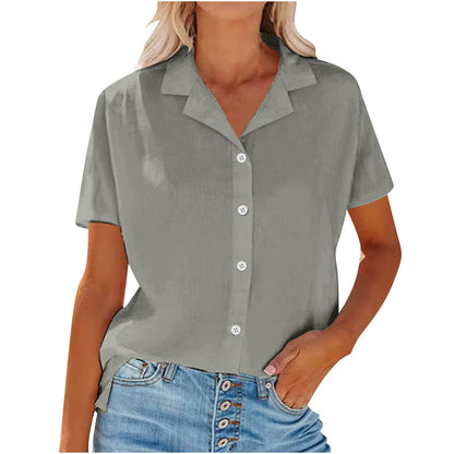 Spring Summer Lapel Cotton And Linen Casual short sleeve Shirt For Women