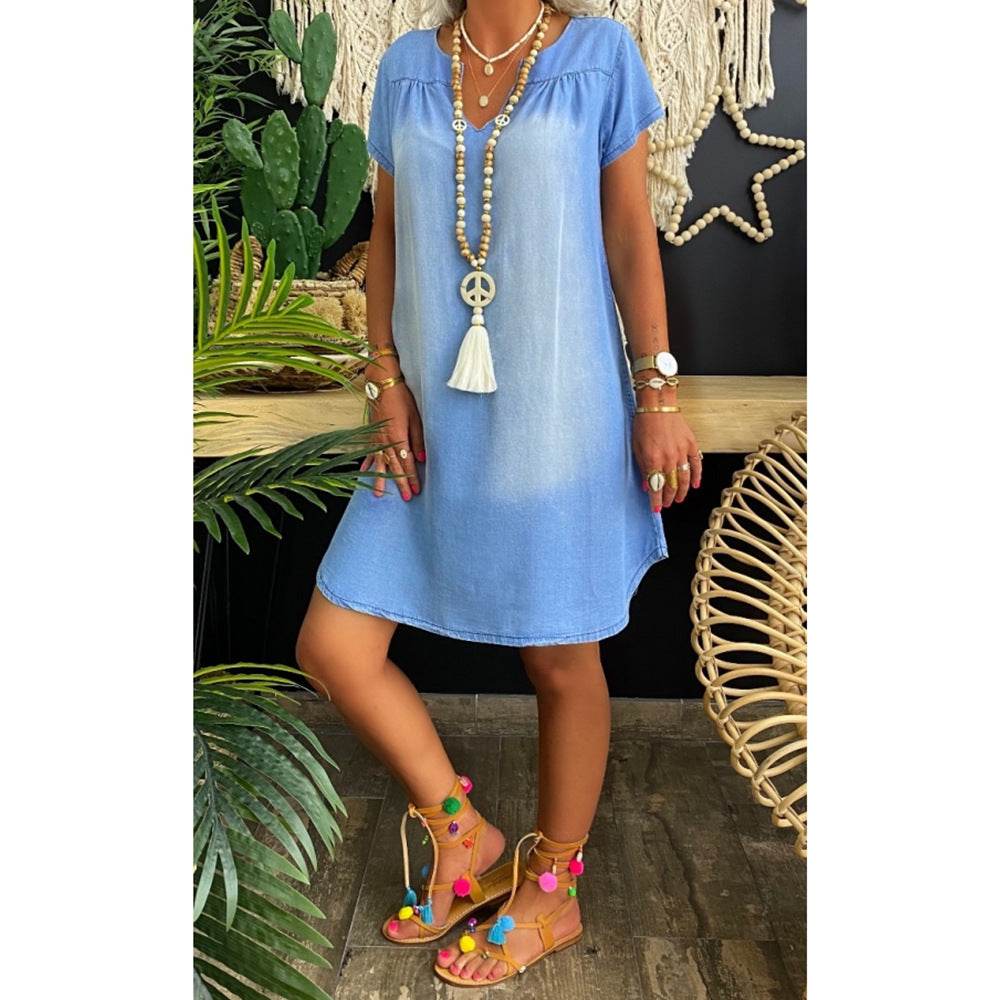 Round Neck Pleated Loose Solid Color Casual Plus Size Denim Dress