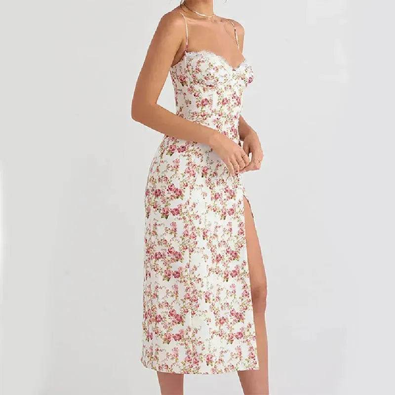 Women's Floral Spaghetti Strap Cami Dress Lace Trim Side Slit Bodycon Midi summer Dress