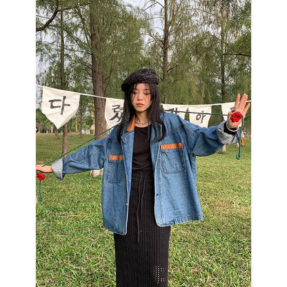 Plus Size Denim Jacket – Loose Fit Lapel Style in Denim Blue