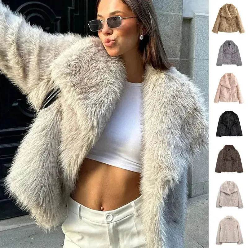 Manteau d'hiver en peluche à col ouvert et revers épais, manteau en fausse fourrure pour femmes