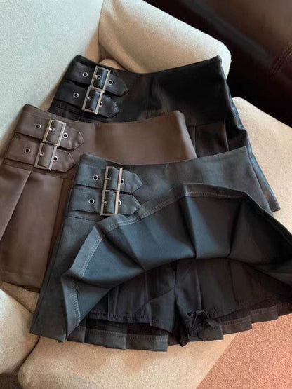Women's American-style Vintage Mini  Pleated Leather Skirt