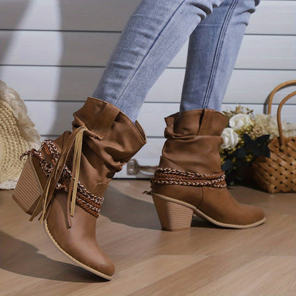 Womens Vintage-Inspired Chunky Heeled Cowboy Boots - Fashionable Tassel & Braided Band Detail, Slip-On Comfort, Soft Slouchy Texture - Retro Short Western Boots