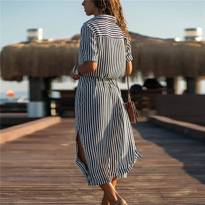 Robe longue à rayures en mousseline de soie à manches longues pour femmes, col en V, sexy, élégante et décontractée, printemps-été