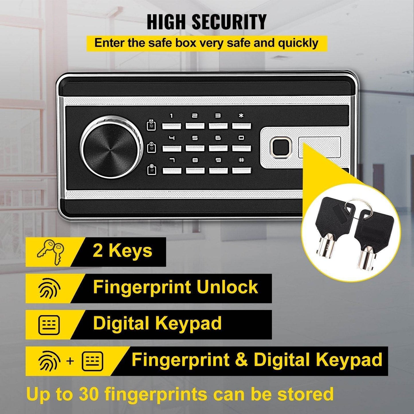 High Security Safe Box, 2.1 CU.FT Fingerprint Safe Box 2 Keys & Digital Keypad, Q235 Steel Safe Box