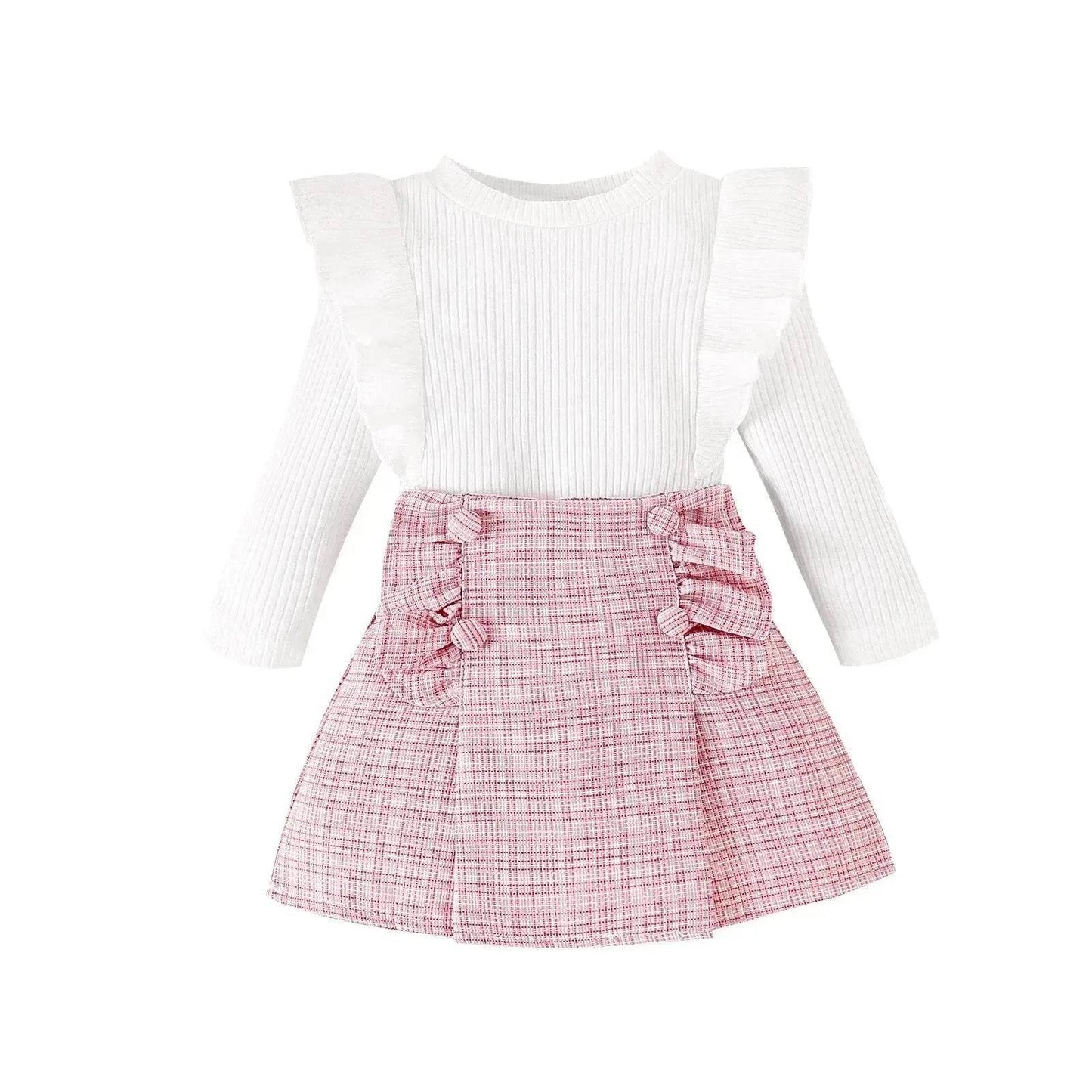 Ensemble deux pièces classique à rayures délavées et jupe courte à carreaux à manches longues pour bébé fille