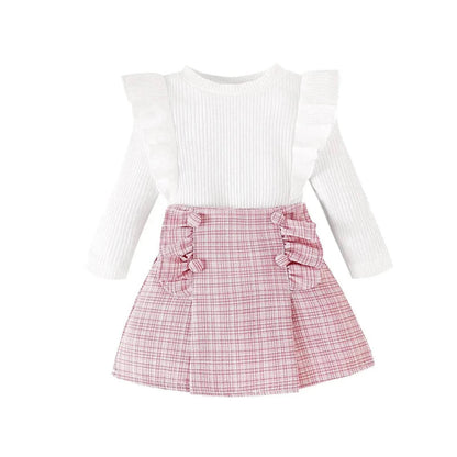 Ensemble deux pièces classique à rayures délavées et jupe courte à carreaux à manches longues pour bébé fille