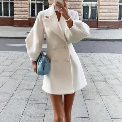 Women’s Retro Wool Coat – Puff Sleeve Double-Breasted Jacket with Large Lapel