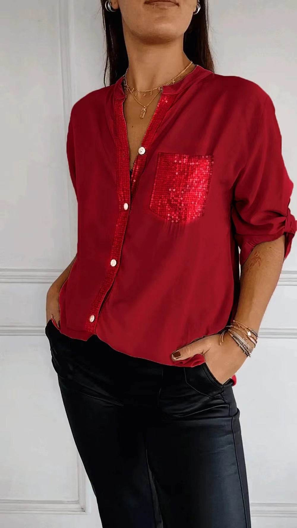 Chemisier décontracté à manches longues avec poche à sequins, haut tendance pour femmes