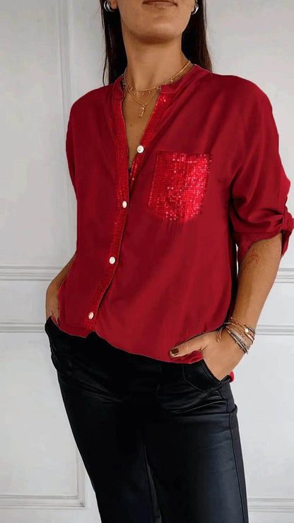 Chemisier décontracté à manches longues avec poche à sequins, haut tendance pour femmes