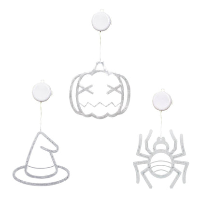 Lot de 3 lumières d'Halloween pour fenêtre, araignée, chapeau de sorcière, citrouille, avec lumière orange, décoration d'Halloween à suspendre avec ventouse et trous de suspension.