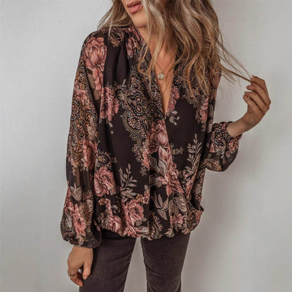 V-neck Long Sleeve Top Floral Print Women's Chiffon blouse Women