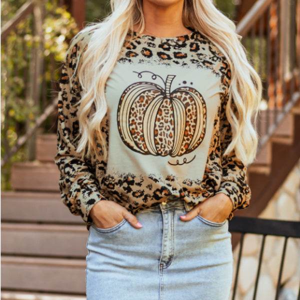 Brown Bleached Halloween Pumpkin Leopard Print Sweatshirt