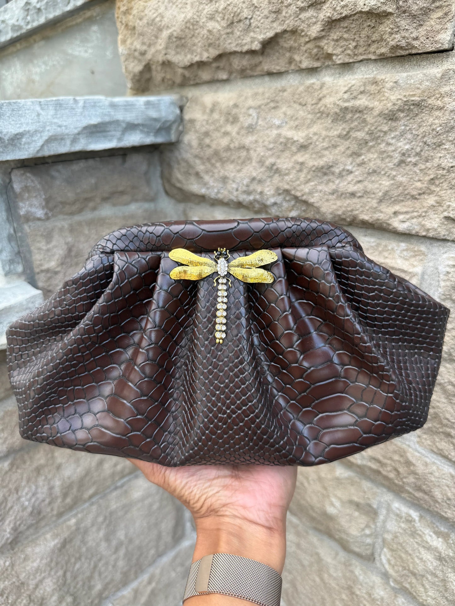 Midnight Dragonfly Croc Clutch