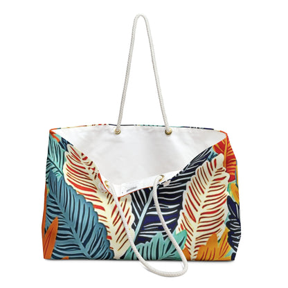 Sac de voyage à imprimé plumes tropicales | Motif feuilles colorées | Grand cabas | Sac maman débordée | Sac maman de tous les jours