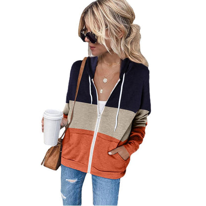 Women's Color-Contrast Hooded Zipper Cardigan Jacket