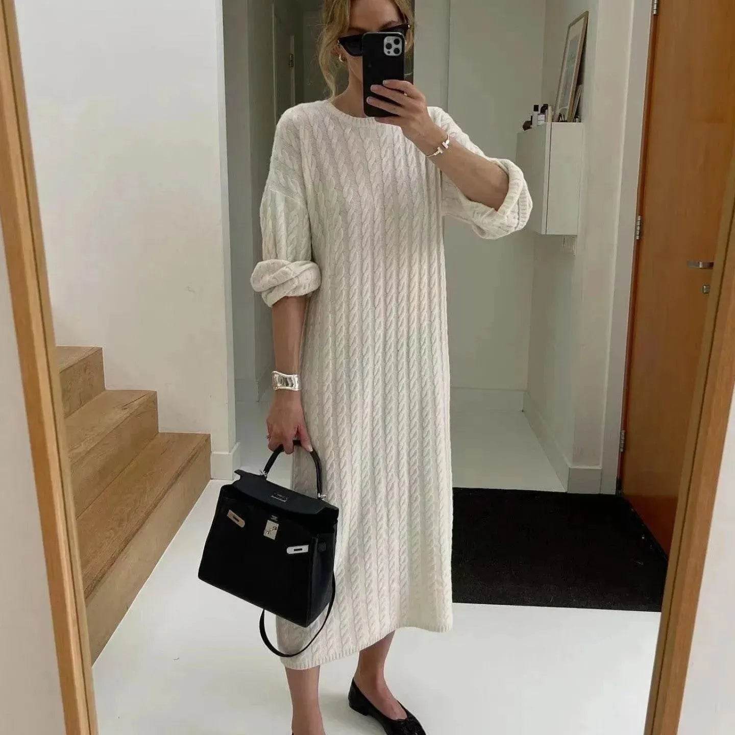 Loose Woolen Midi Twisted Knitted Thick Winter sweater Dress