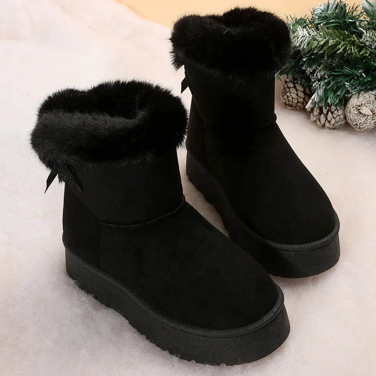 Nouvelles bottes de neige à nœud papillon Hiver Plus velours chaud Bottines à semelle épaisse pour femmes Chaussures en coton simples pour le quotidien