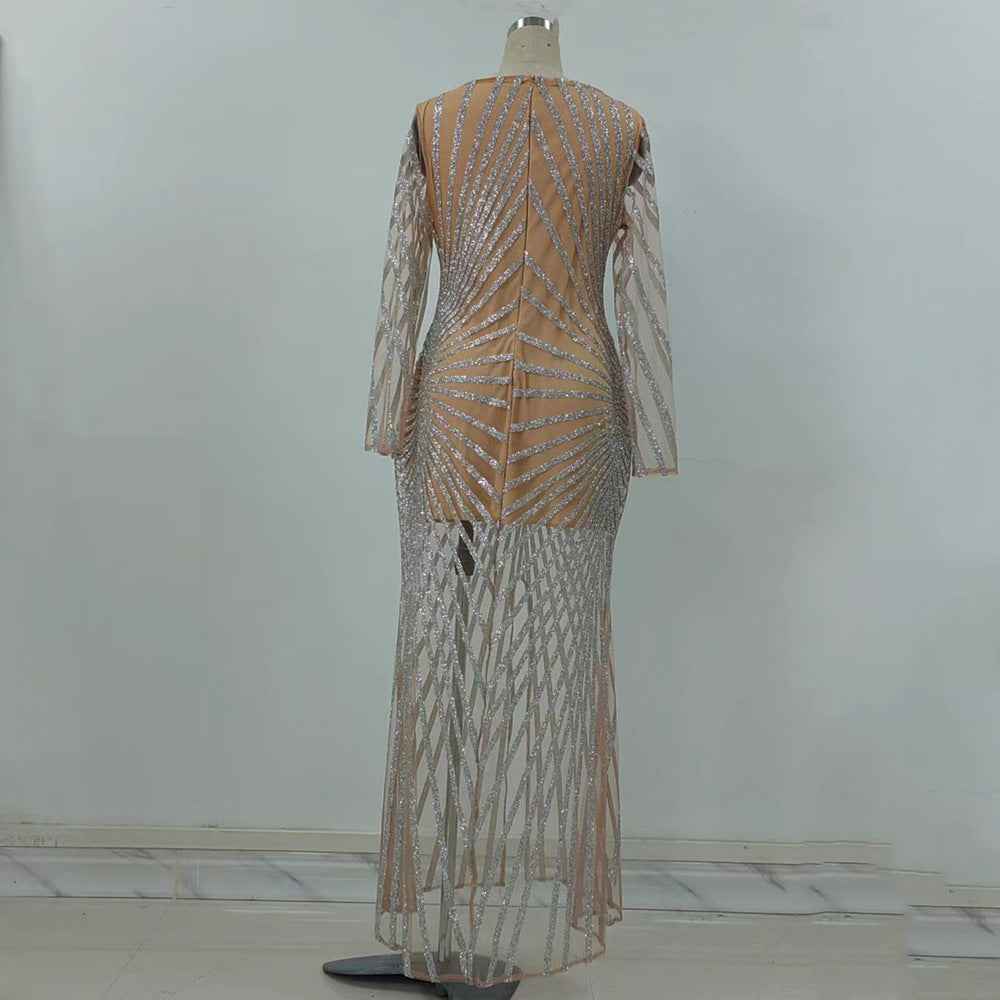 Women’s Diamond Mesh Maxi Dress – Sparkling Sheer Evening Gown for Party and Events