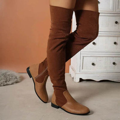 Bottes cuissardes pour femmes en suède avec coutures, talons bas, longues bottes avec fermeture éclair latérale, chaussures de fête hivernales