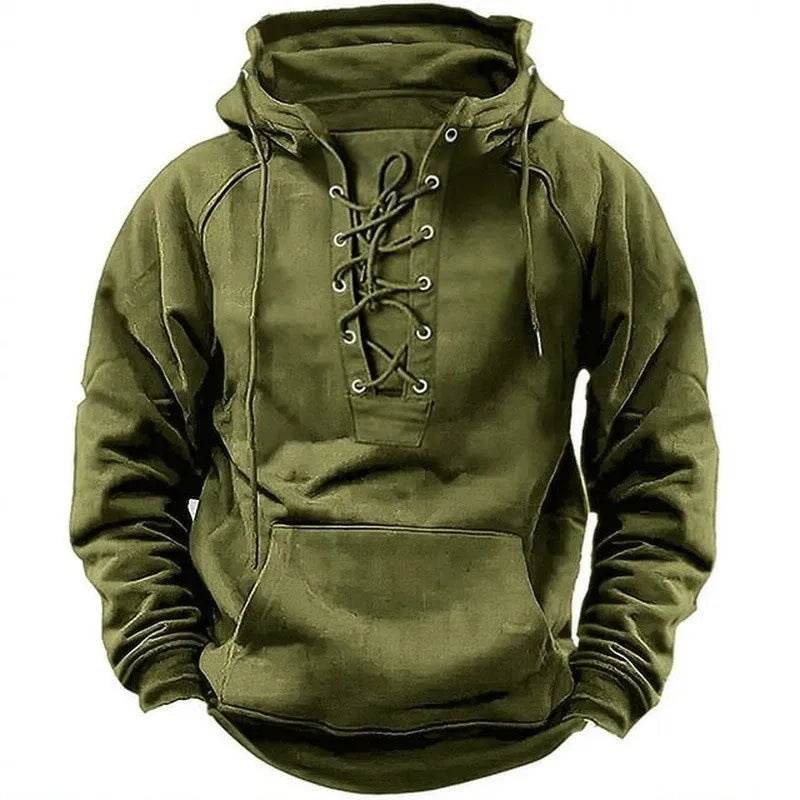 T-shirt à capuche rétro à lacets pour homme, manches longues, décontracté, style pull-over
