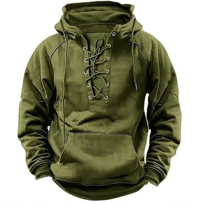 T-shirt à capuche rétro à lacets pour homme, manches longues, décontracté, style pull-over