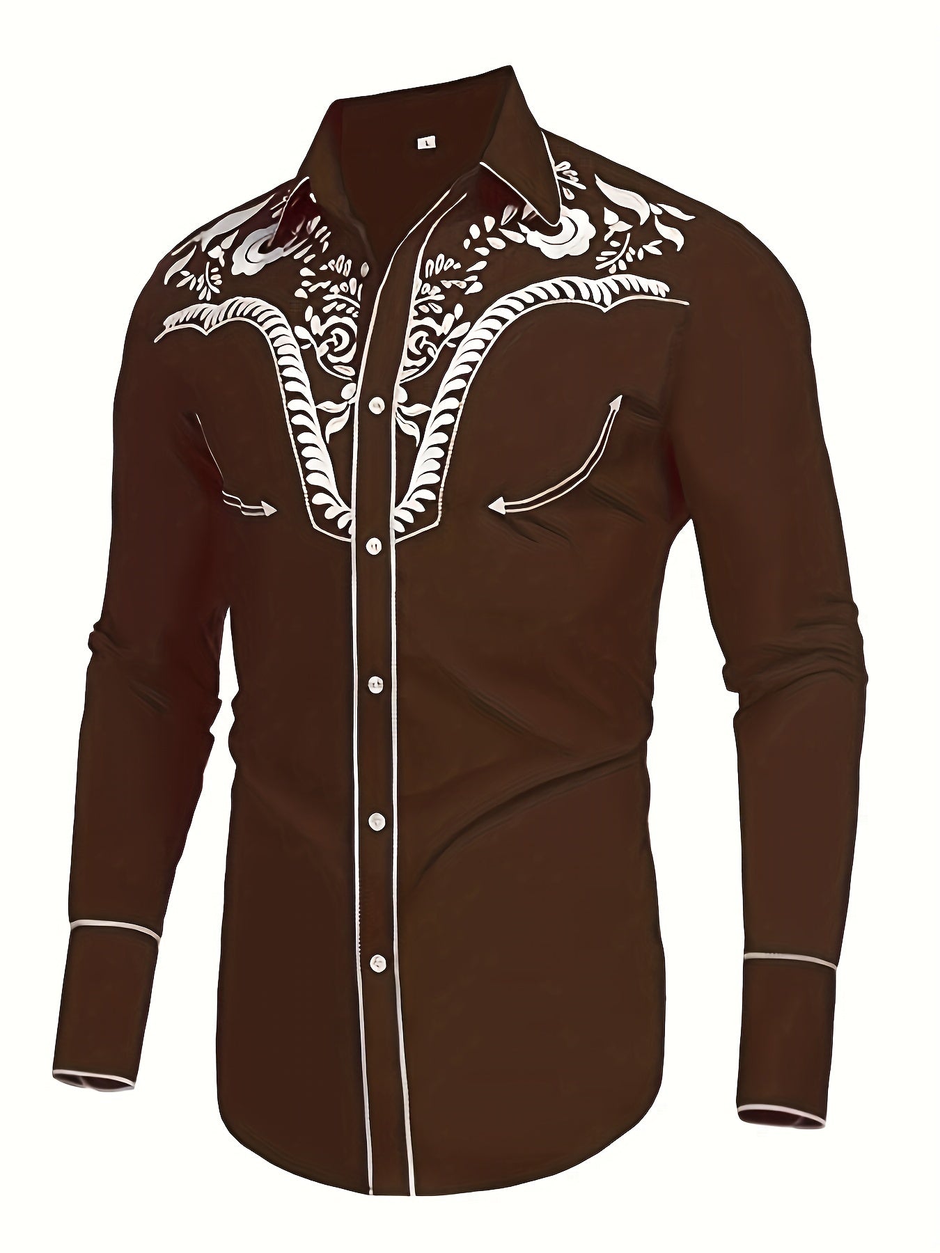 Western Cowboy Chic Long Sleeve Embroidered Shirt - Soft Cotton Blend, Elegant Design, Casual Style for Spring Fall Vacation Resort Wear - Men's Shirt for Outdoor Activities, Travel, and Leisure