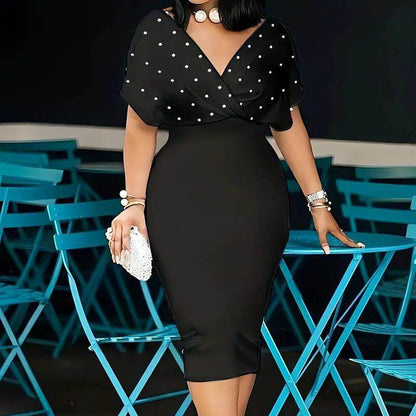 Women's Back Zipper dress Elegant Deep V Neck Wrap Bodycon Dress Pencil Midi Dress