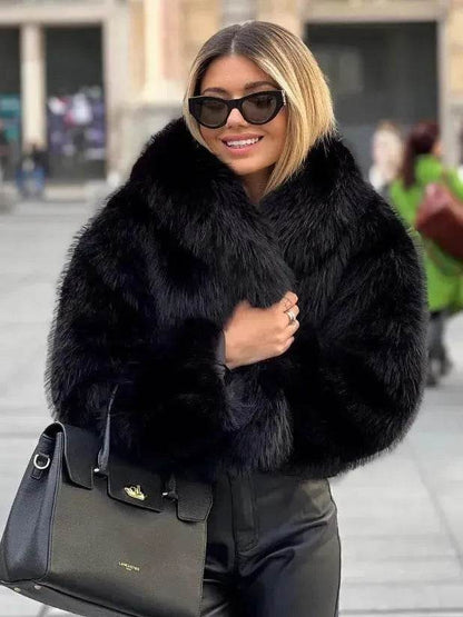 Manteau d'hiver en peluche à col ouvert et revers épais, manteau en fausse fourrure pour femmes