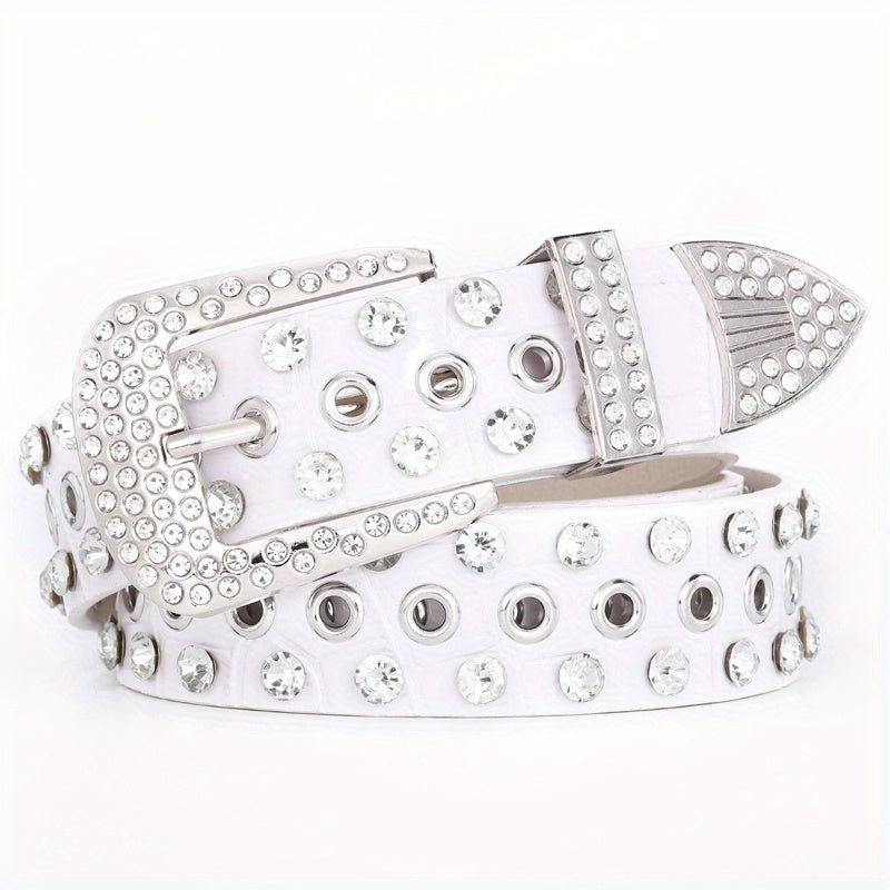 Sparkling Hollow Out Rhinestone Belt Solid Color PU Leather Belt Hip Hop Jeans Pants Belt Y2K Cowboy Cowgirl Belt For Women & Men