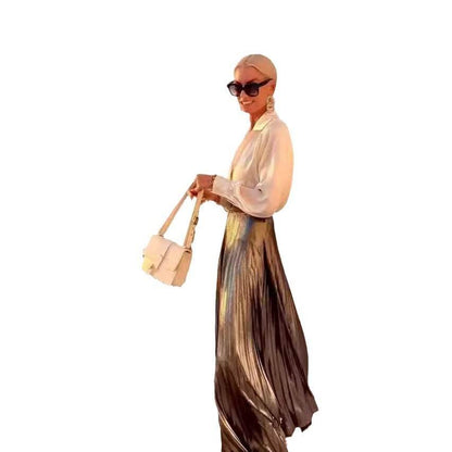 Satin Long Sleeve Shirt & Glossy pleated maxi Skirt 2pcs
