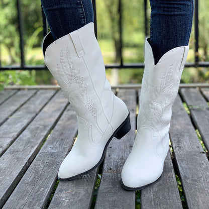 Fashionable Womens Embroidered Cowboy Boots - Trendy Chunky Heel, Pointed Toe, Faux Leather, Supreme Comfort for All-Day Glamour
