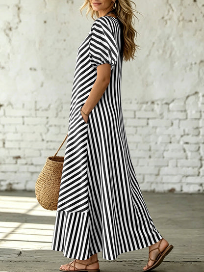 Asymmetrical One-Shoulder Striped Maxi Dress – Puff Sleeve Ruffle Hem Loose Vacation Dress with Pockets
