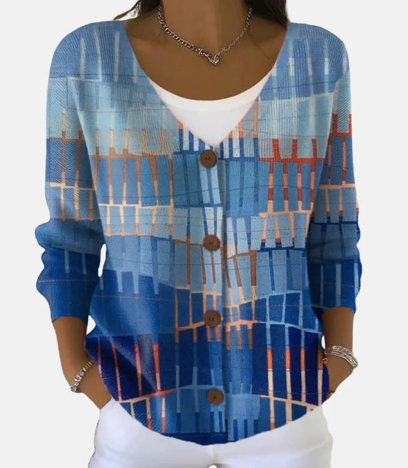 Women’s Printed Knit Cardigan Sweater with Buttons – Casual Long-Sleeve Patterned Pullover
