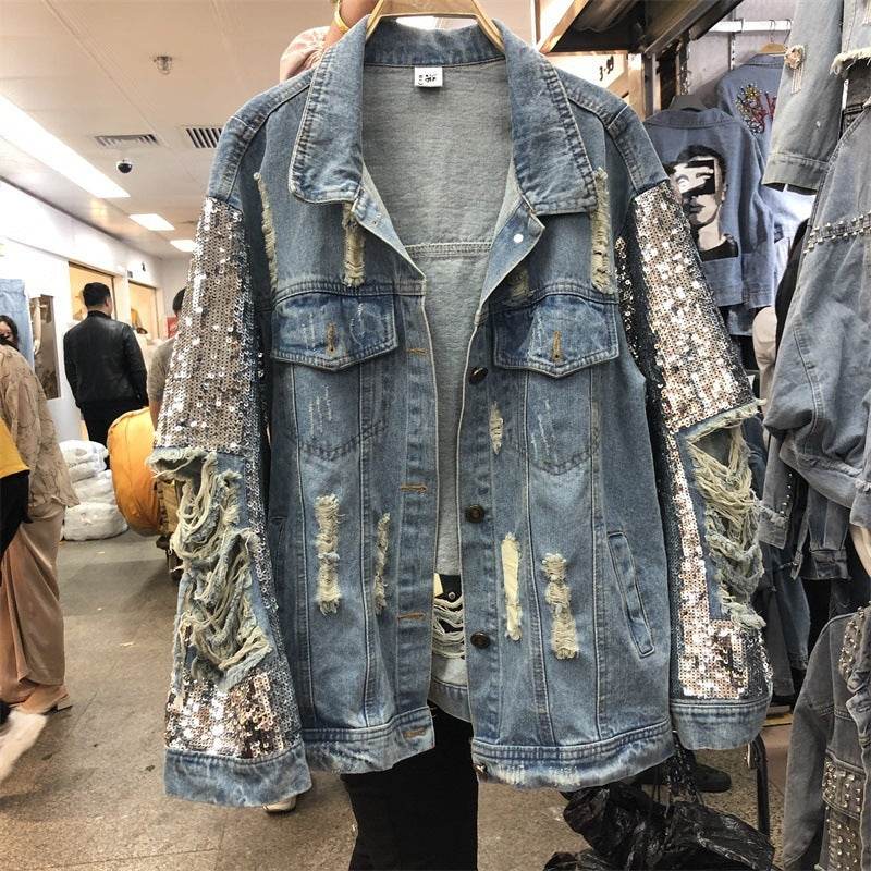 Street Fashion Heavy Industry lose Ripped Sequined Sleeve Denim Jacket Women
