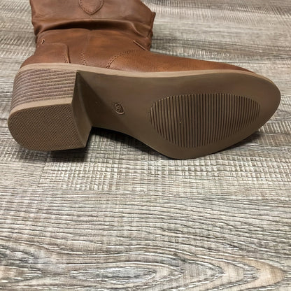 Women's Slouchy Cowboy Boots, Retro Chunky Low Heeled Pull On Western Boots, V-cut Mid Calf Boots