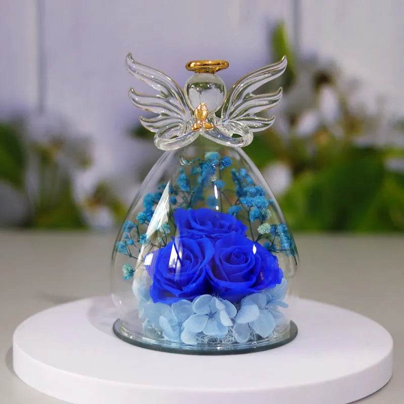 Boîte cadeau Fleur Éternelle Ange Sous Cloche Verre Rose Séchée Boîte Cadeau Pour Noël Nouvel An Saint Valentin Décoration Maison