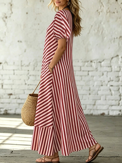 Asymmetrical One-Shoulder Striped Maxi Dress – Puff Sleeve Ruffle Hem Loose Vacation Dress with Pockets