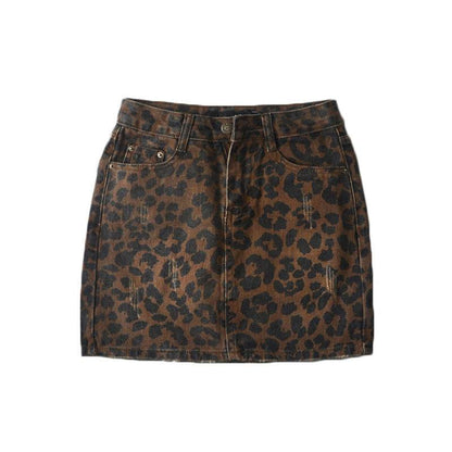 Leopard Print Mini Denim Skirt Women's High Waist Pencil Skirt