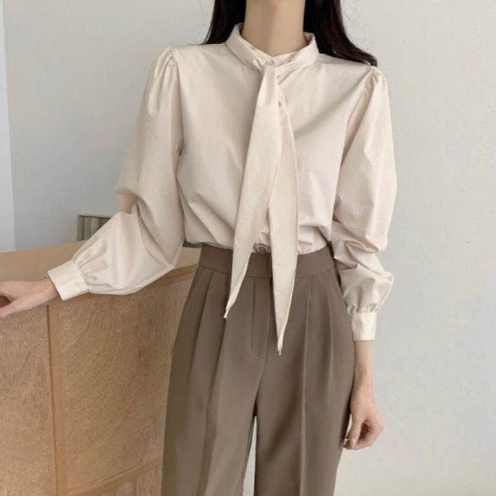 Spring New Gentle Lace-up Bow Tie Design Puff Sleeve Solid Color Shirt For Women
