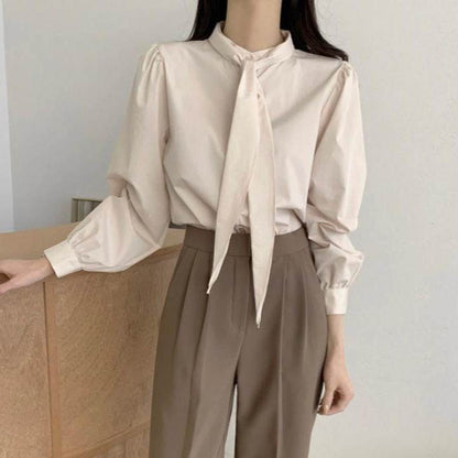 Spring New Gentle Lace-up Bow Tie Design Puff Sleeve Solid Color Shirt For Women