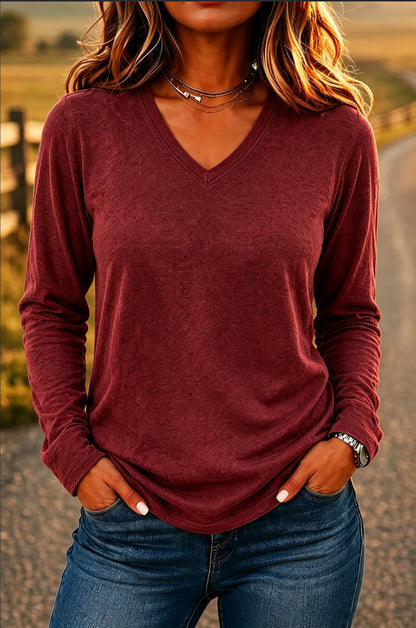 Women’s V-Neck Loose-Fit Long Sleeve T-Shirt – Solid Color Casual Pullover Top