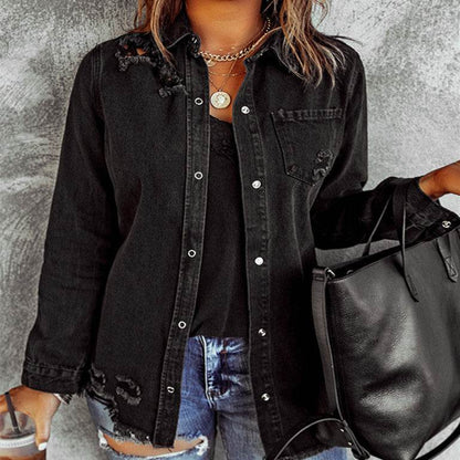 Long Sleeve Jeans Jacket Loose Fit Mid-Length Black
