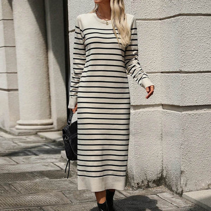 Slim Striped Printed Long Cashmere Dress  Autumn And Winter Long Sleeve Dresses For Women