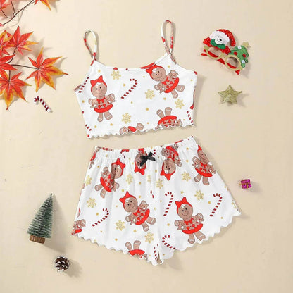 Pyjama de Noël européen et américain pour femme - Débardeur et short - Soie de lait - Simple et décontracté - Deux pièces - Vêtement d'intérieur