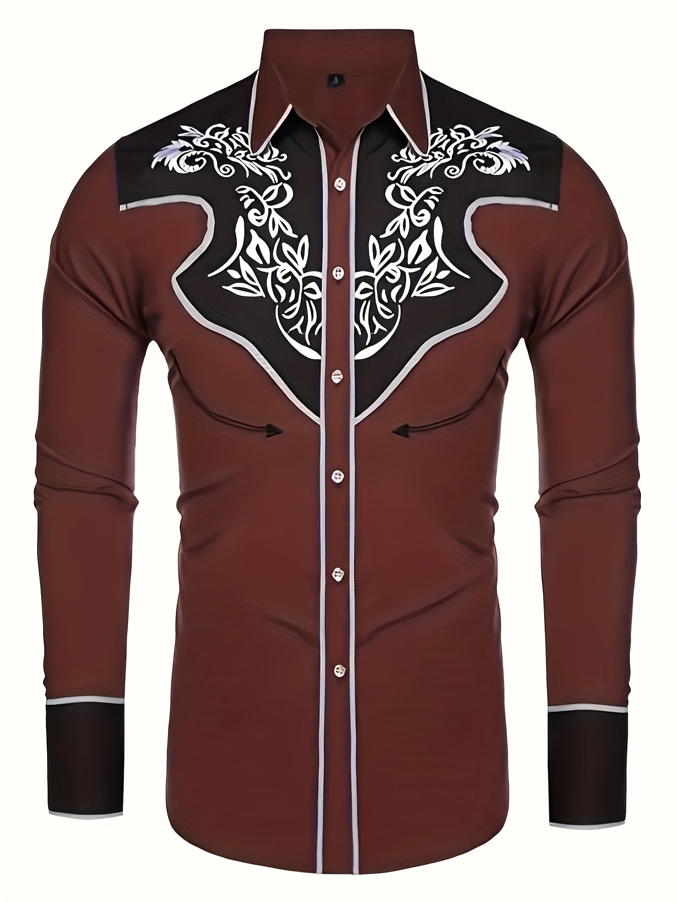 Western Cowboy Chic Long Sleeve Embroidered Shirt - Soft Cotton Blend, Elegant Design, Casual Style for Spring Fall Vacation Resort Wear - Men's Shirt for Outdoor Activities, Travel, and Leisure